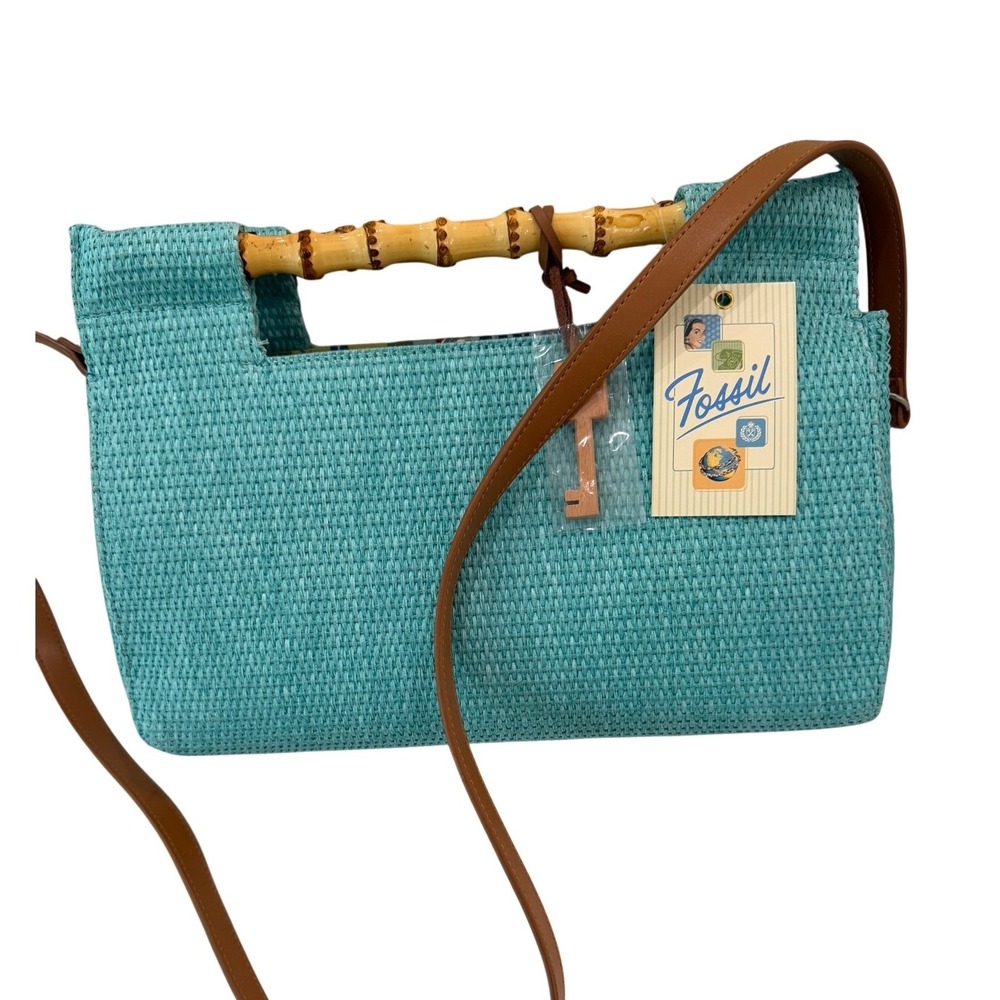 Fossil Straw Bamboo Handle Crossbody Bag Turquoise Blue Woven Summer Handbag NEW - Picture 9 of 12